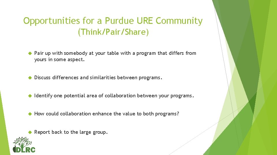 Opportunities for a Purdue URE Community (Think/Pair/Share) Pair up with somebody at your table Opportunities for a Purdue URE Community (Think/Pair/Share) Pair up with somebody at your table