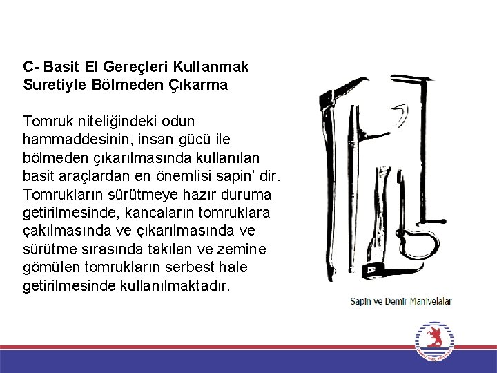 C- Basit El Gereçleri Kullanmak Suretiyle Bölmeden Çıkarma Tomruk niteliğindeki odun hammaddesinin, insan gücü C- Basit El Gereçleri Kullanmak Suretiyle Bölmeden Çıkarma Tomruk niteliğindeki odun hammaddesinin, insan gücü