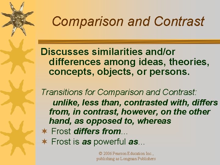 Comparison and Contrast Discusses similarities and/or differences among ideas, theories, concepts, objects, or persons.