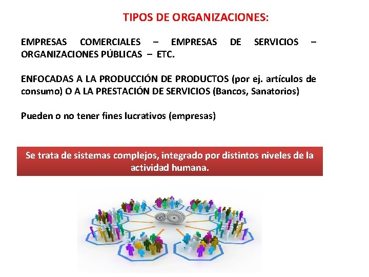 TIPOS DE ORGANIZACIONES: EMPRESAS COMERCIALES – EMPRESAS ORGANIZACIONES PÚBLICAS – ETC. DE SERVICIOS –