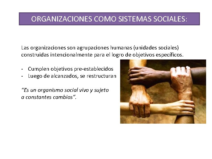 ORGANIZACIONES COMO SISTEMAS SOCIALES: Las organizaciones son agrupaciones humanas (unidades sociales) construidas intencionalmente para