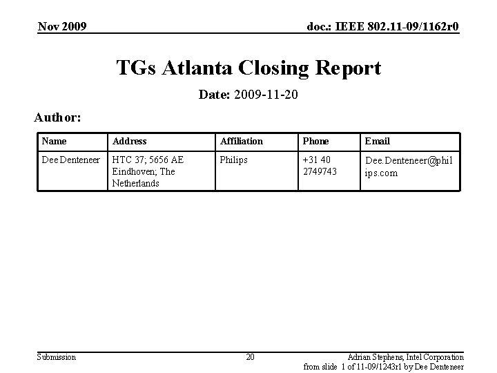Nov 2009 doc. : IEEE 802. 11 -09/1162 r 0 TGs Atlanta Closing Report