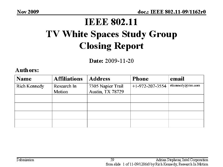 Nov 2009 doc. : IEEE 802. 11 -09/1162 r 0 IEEE 802. 11 TV