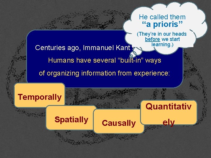 He called them “a prioris” (They’re in our heads before we start learning. )