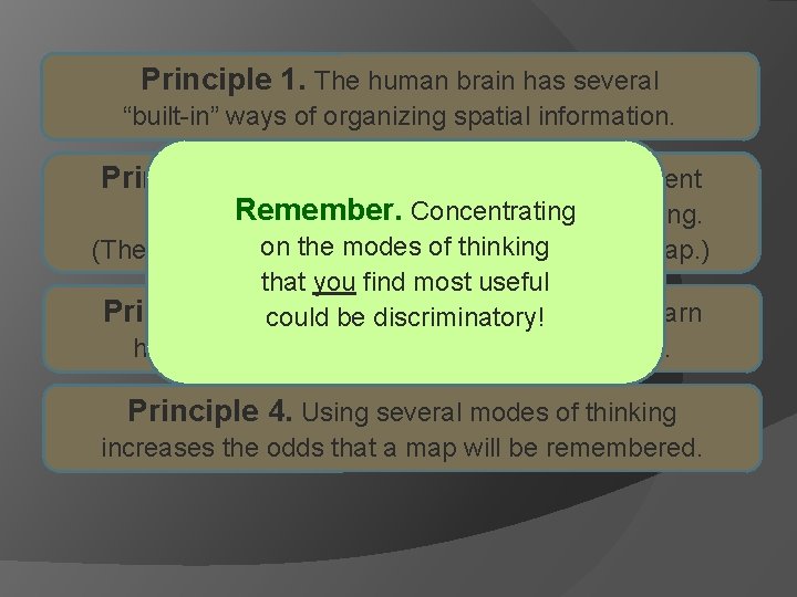 Principle 1. The human brain has several “built-in” ways of organizing spatial information. Principle