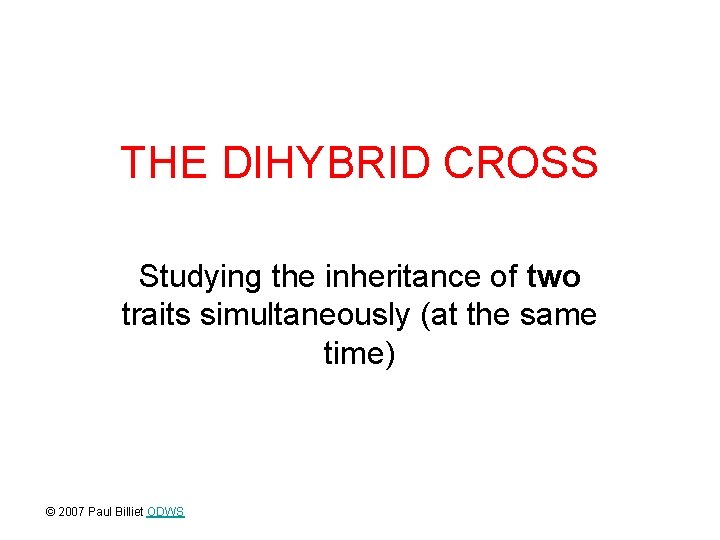 THE DIHYBRID CROSS Studying the inheritance of two traits simultaneously (at the same time)