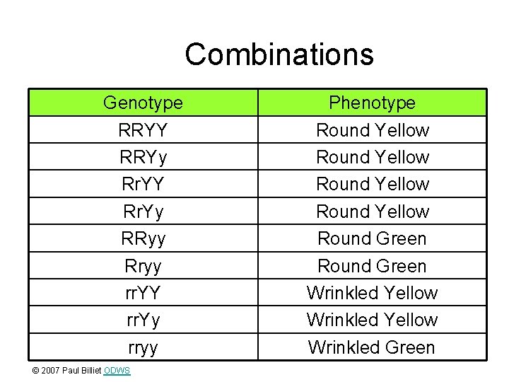 Combinations Genotype RRYY RRYy Rr. YY Rr. Yy RRyy Rryy rr. YY rr. Yy