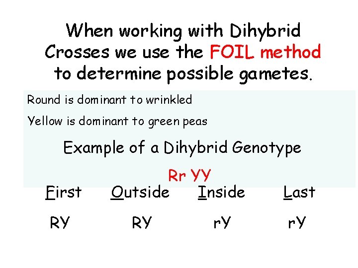 When working with Dihybrid Crosses we use the FOIL method to determine possible gametes.