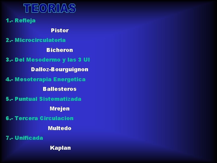 1. - Refleja Pistor 2. - Microcirculatoria Bicheron 3. - Del Mesodermo y las 1. - Refleja Pistor 2. - Microcirculatoria Bicheron 3. - Del Mesodermo y las