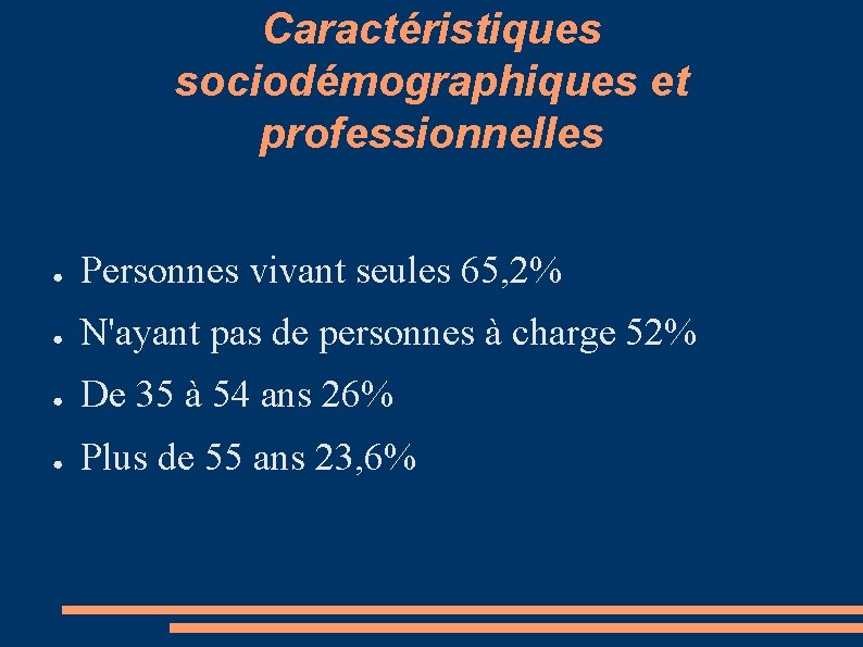 Caractéristiques sociodémographiques et professionnelles ● Personnes vivant seules 65, 2% ● N'ayant pas de