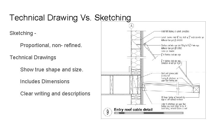 Technical Drawing Vs. Sketching Proportional, non- refined. Technical Drawings Show true shape and size.