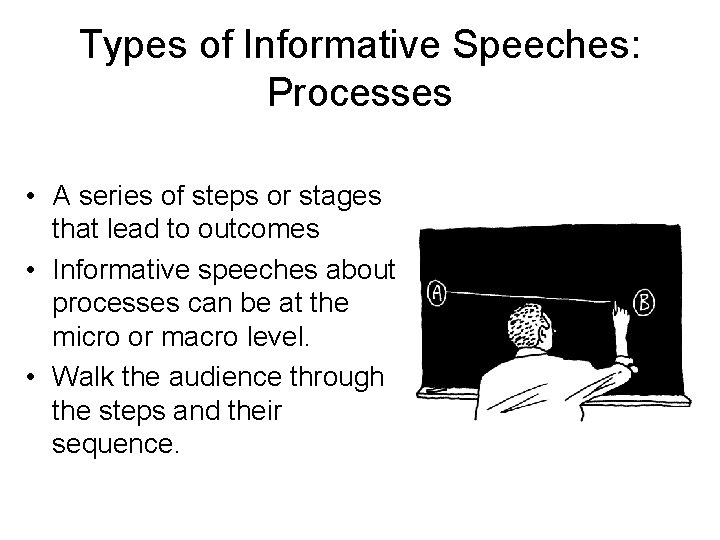 Types of Informative Speeches: Processes • A series of steps or stages that lead