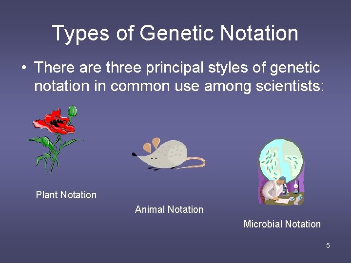 Types of Genetic Notation • There are three principal styles of genetic notation in