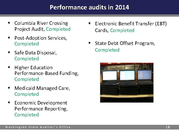 Performance audits in 2014 § Columbia River Crossing Project Audit, Completed § Post-Adoption Services,