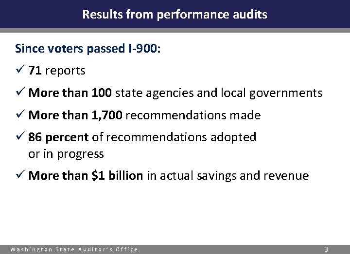 Results from performance audits Since voters passed I-900: ü 71 reports ü More than