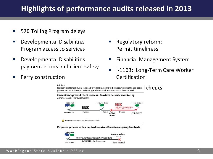 Highlights of performance audits released in 2013 § 520 Tolling Program delays § Developmental