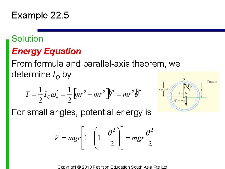 Example 22. 5 Solution Energy Equation From formula and parallel-axis theorem, we determine IO