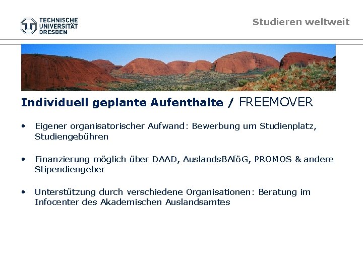 Studieren weltweit Individuell geplante Aufenthalte / FREEMOVER • Eigener organisatorischer Aufwand: Bewerbung um Studienplatz,