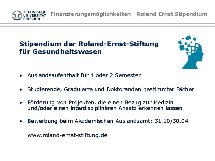 Finanzierungsmöglichkeiten - Roland Ernst Stipendium der Roland-Ernst-Stiftung für Gesundheitswesen • Auslandsaufenthalt für 1 oder