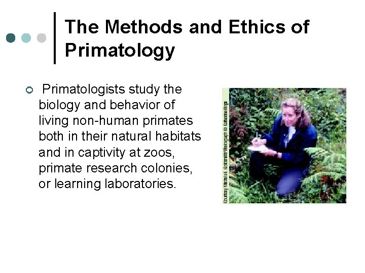 The Methods and Ethics of Primatology ¢ Primatologists study the biology and behavior of