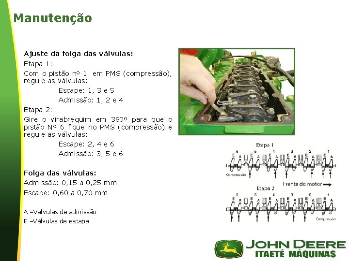 Manutenção Ajuste da folga das válvulas: Etapa 1: Com o pistão nº 1 em Manutenção Ajuste da folga das válvulas: Etapa 1: Com o pistão nº 1 em