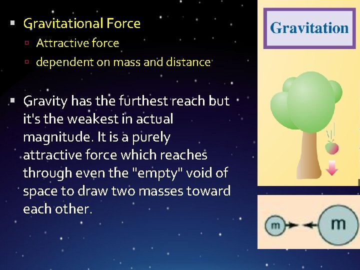  Gravitational Force Attractive force dependent on mass and distance Gravity has the furthest