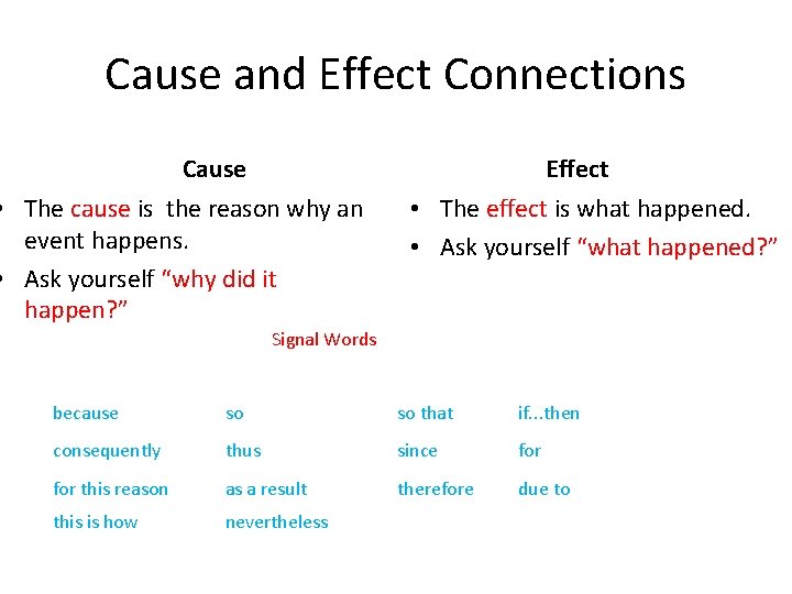 Cause and Effect Connections Cause Effect • The cause is the reason why an