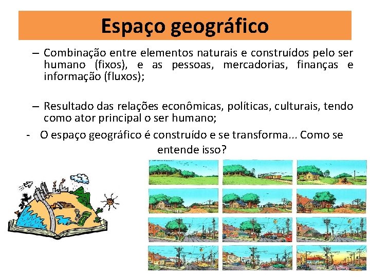 Espaço geográfico – Combinação entre elementos naturais e construídos pelo ser humano (fixos), e