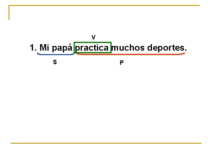 V 1. Mi papá practica muchos deportes. S P 