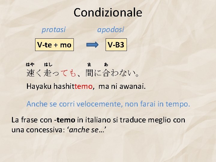 Condizionale protasi apodosi V-te + mo はや はし V-B 3 ま あ 速く走っても、間に合わない。 Hayaku