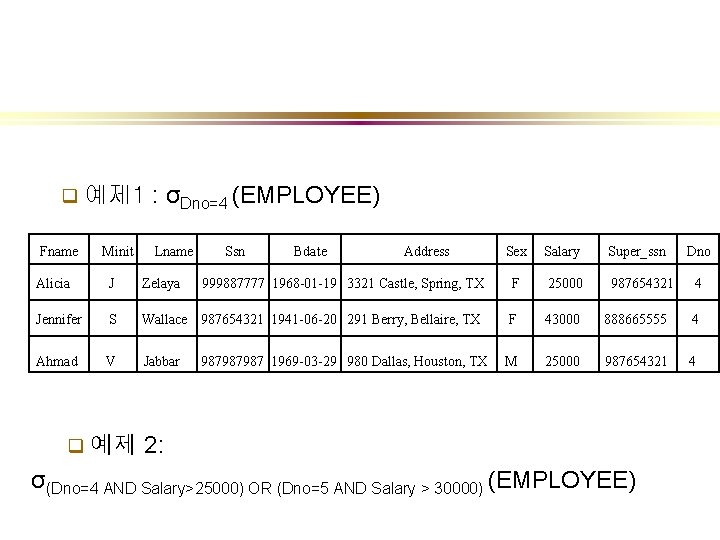 q 예제 1 Fname Minit : σDno=4 (EMPLOYEE) Lname Ssn Bdate Address Sex Salary