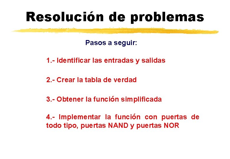 Resolución de problemas Pasos a seguir: 1. - Identificar las entradas y salidas 2.