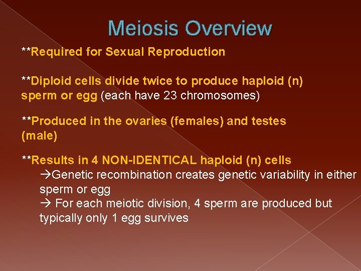 Meiosis Overview **Required for Sexual Reproduction **Diploid cells divide twice to produce haploid (n)