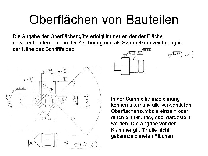 Oberflächen von Bauteilen Die Angabe der Oberflächengüte erfolgt immer an der Fläche entsprechenden Linie