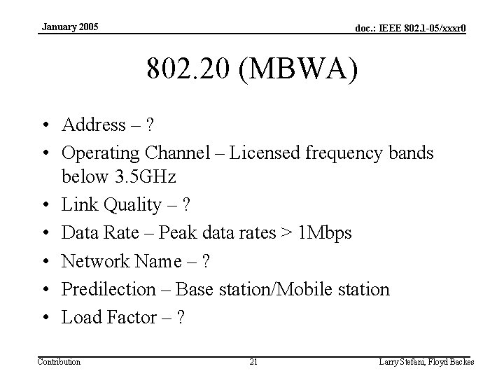 January 2005 doc. : IEEE 802. 1 -05/xxxr 0 802. 20 (MBWA) • Address