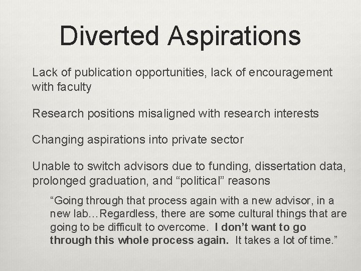 Diverted Aspirations Lack of publication opportunities, lack of encouragement with faculty Research positions misaligned