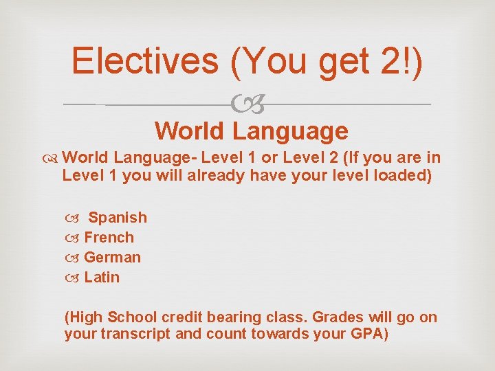 Electives (You get 2!) World Language- Level 1 or Level 2 (If you are