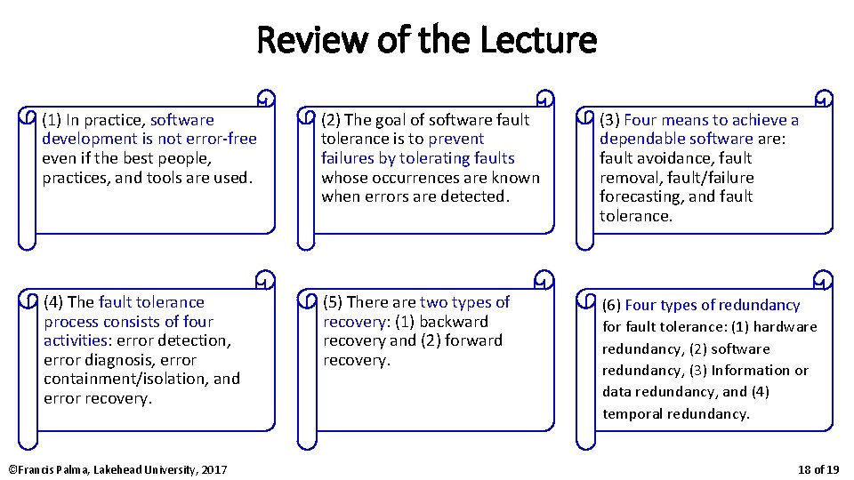 Review of the Lecture (1) In practice, software development is not error-free even if