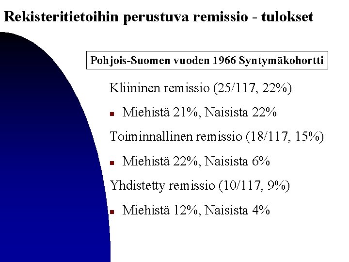 Rekisteritietoihin perustuva remissio - tulokset Pohjois-Suomen vuoden 1966 Syntymäkohortti Kliininen remissio (25/117, 22%) n