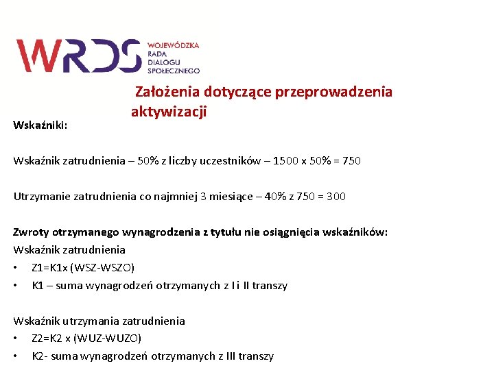 Wskaźniki: Założenia dotyczące przeprowadzenia aktywizacji Wskaźnik zatrudnienia – 50% z liczby uczestników – 1500