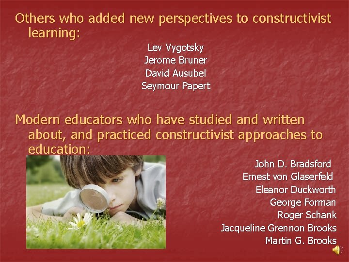 Others who added new perspectives to constructivist learning: Lev Vygotsky Jerome Bruner David Ausubel