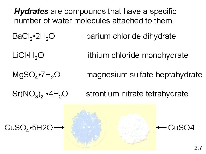 Hydrates are compounds that have a specific number of water molecules attached to them.