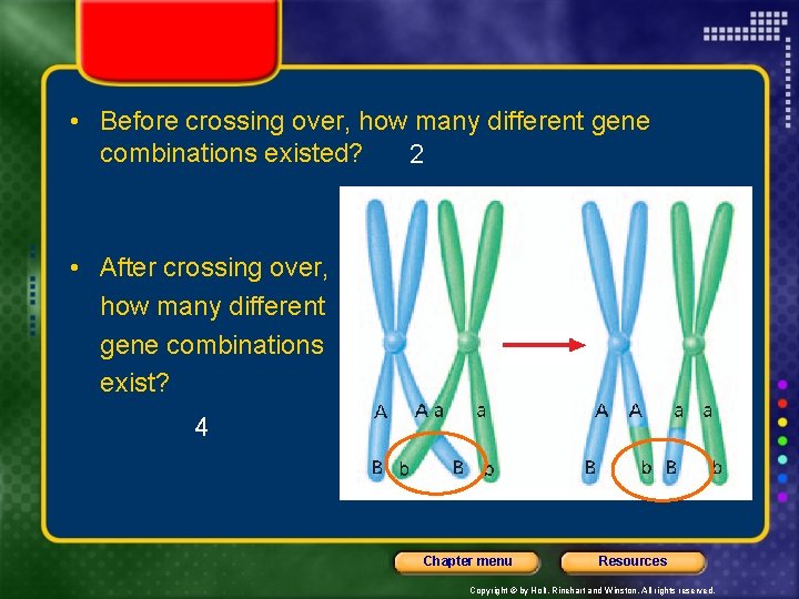  • Before crossing over, how many different gene combinations existed? 2 • After