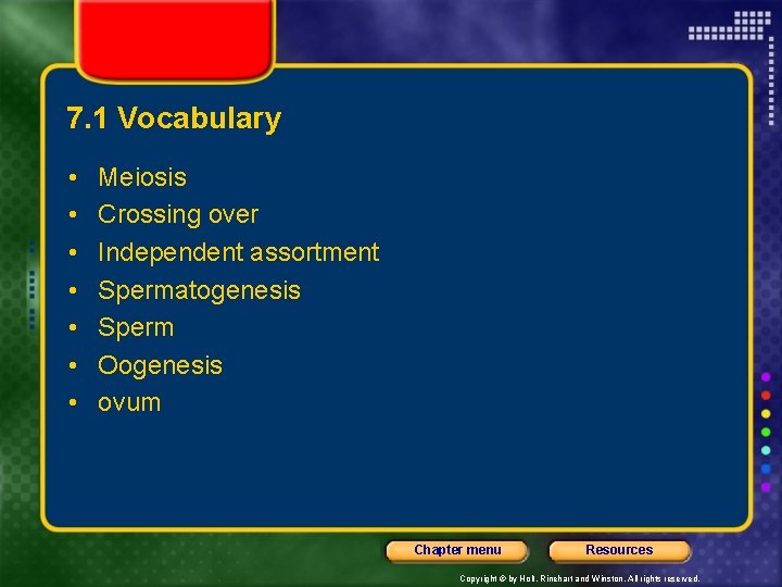 7. 1 Vocabulary • • Meiosis Crossing over Independent assortment Spermatogenesis Sperm Oogenesis ovum