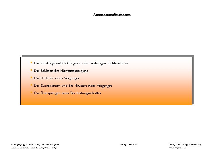 Ausnahmensituationen § Das Zurückgeben/Rückfragen an den vorherigen Sachbearbeiter § Das Erklären der Nichtzuständigkeit § Ausnahmensituationen § Das Zurückgeben/Rückfragen an den vorherigen Sachbearbeiter § Das Erklären der Nichtzuständigkeit §