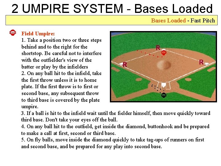 2 UMPIRE SYSTEM - Bases Loaded - Fast Pitch Field Umpire: 1. Take a