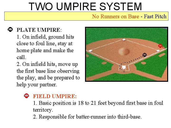 TWO UMPIRE SYSTEM No Runners on Base - Fast Pitch PLATE UMPIRE: 1. On