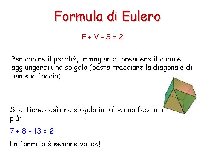 Formula di Eulero F+V–S=2 Per capire il perché, immagina di prendere il cubo e