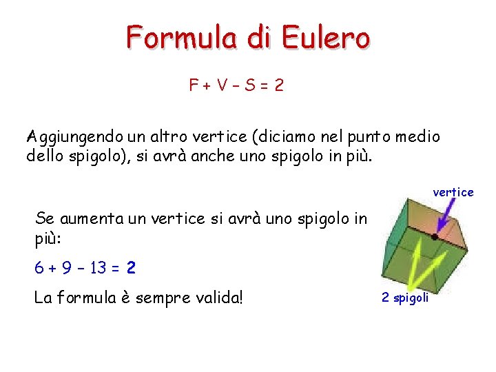 Formula di Eulero F+V–S=2 Aggiungendo un altro vertice (diciamo nel punto medio dello spigolo),