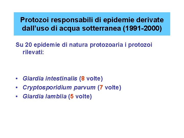 Protozoi responsabili di epidemie derivate dall’uso di acqua sotterranea (1991 -2000) Su 20 epidemie